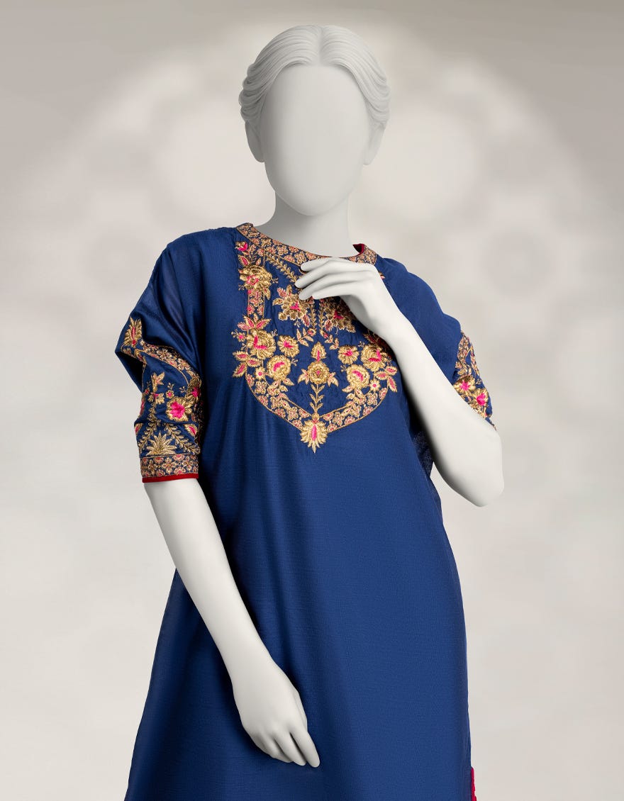 BLUE COTTON NET EMBROIDERED KURTA