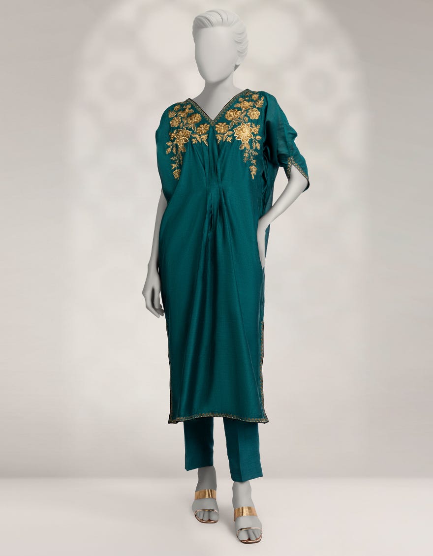 GREEN COTTON EMBROIDERED KURTA