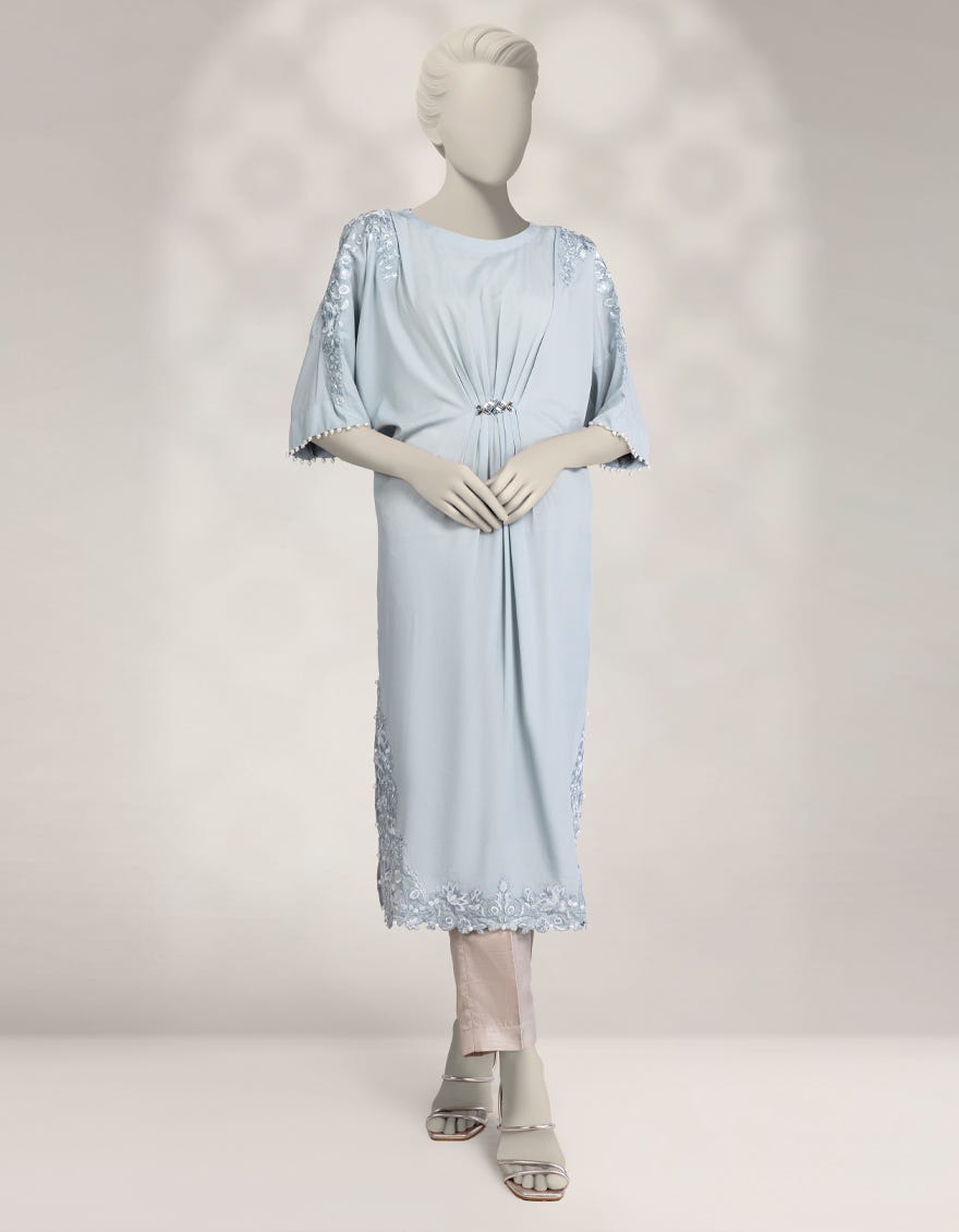 BLUE SILK EMBROIDERED KURTA