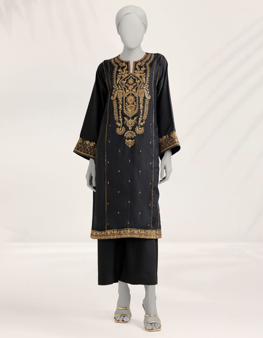 BLACK EMBROIDERED RAW SILK KURTA