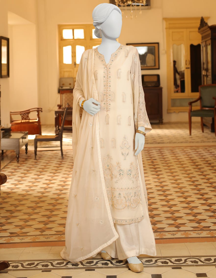Off White Dyed Unstitched 3 Piece Dress | Jjls-S-Jfu-23-701