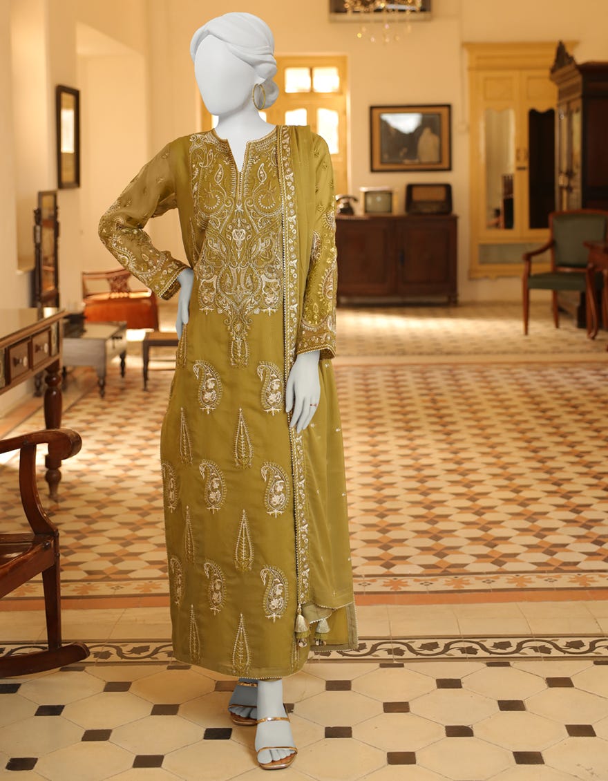 Mehndi Green Dyed Unstitched 3 Piece Dress | Jjls-S-Jfu-23-703