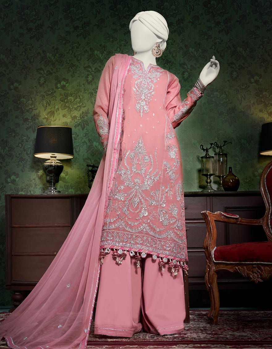 Pink Organza Unstitched 3 Piece Dress | Jjls-W-Jfu-23-709