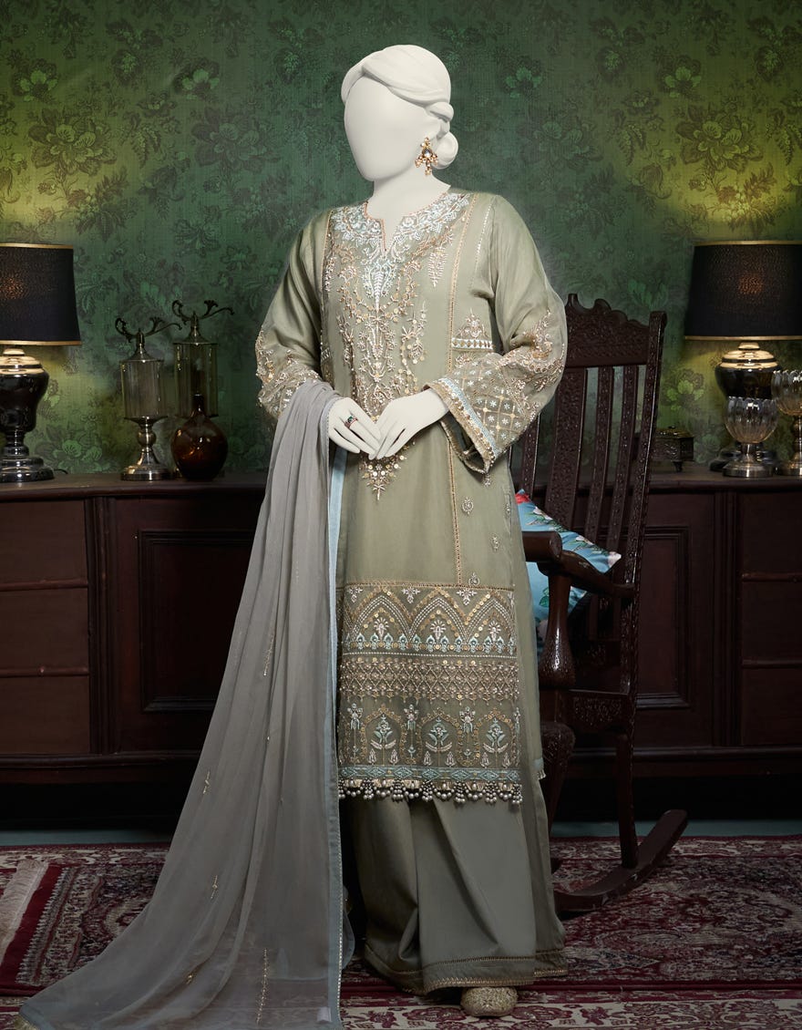 Green Organza Unstitched 3 Piece Dress | Jjls-W-Jfu-23-710