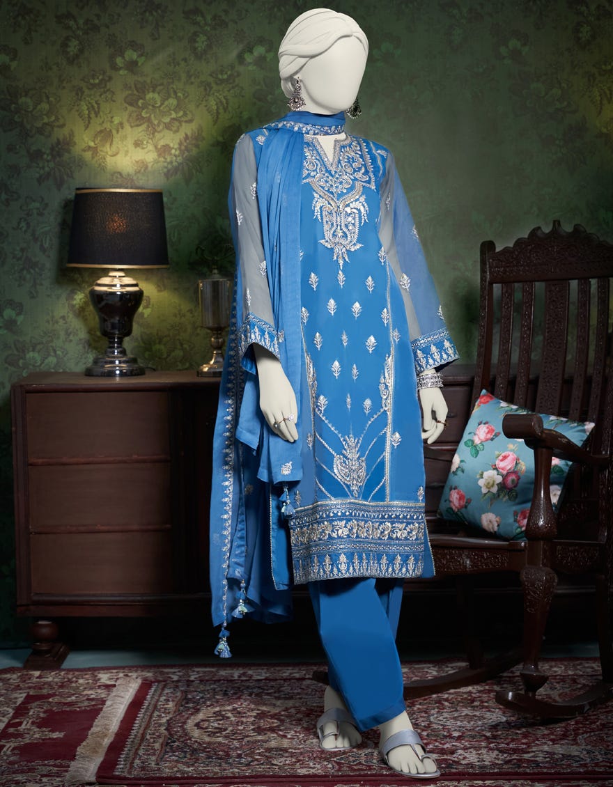 Blue Organza Unstitched 3 Piece Dress | Jjls-W-Jfu-23-711