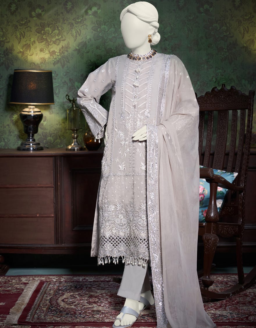 Grey Organza Unstitched 3 Piece Dress | Jjls-W-Jfu-23-712