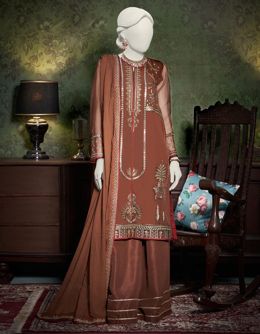 Brown Organza Unstitched 3 Piece Dress | Jjls-W-Jfu-23-714