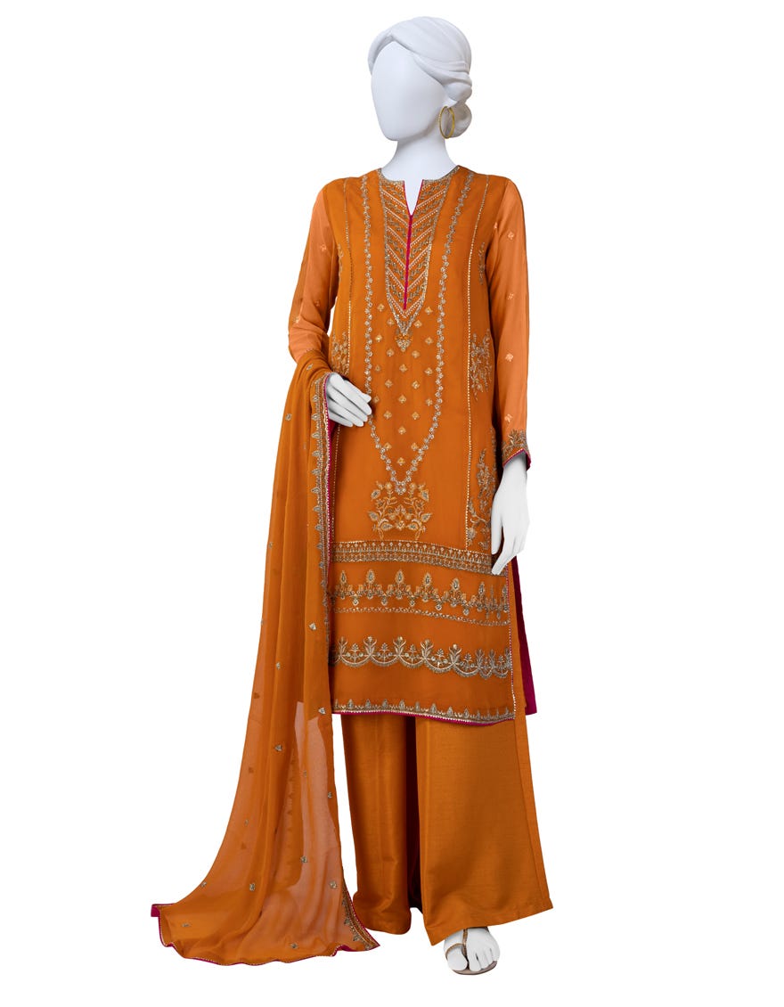 Orange Chiffon Unstitched 3 Piece Dress | Jjls-S-Jfu-24-705
