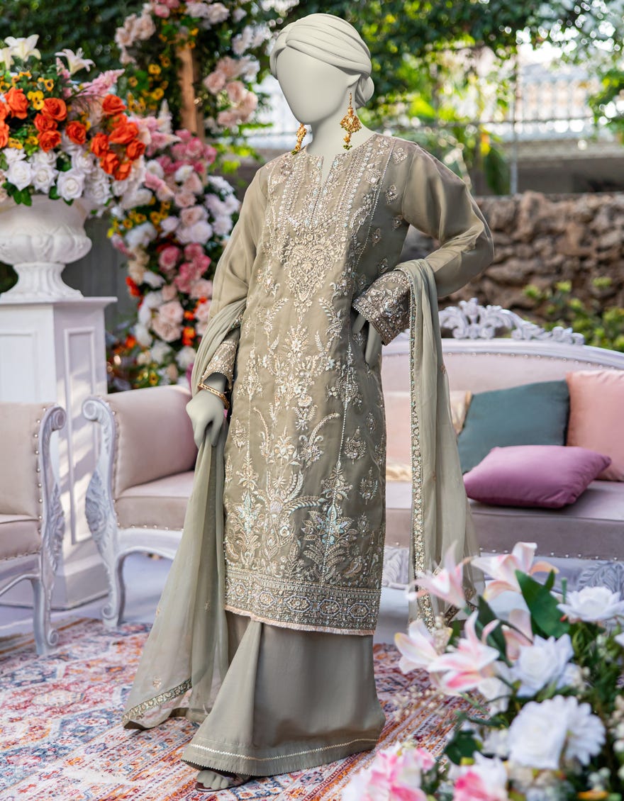 GREEN ORGANZA FORMAL UNSTITCHED 3PC
