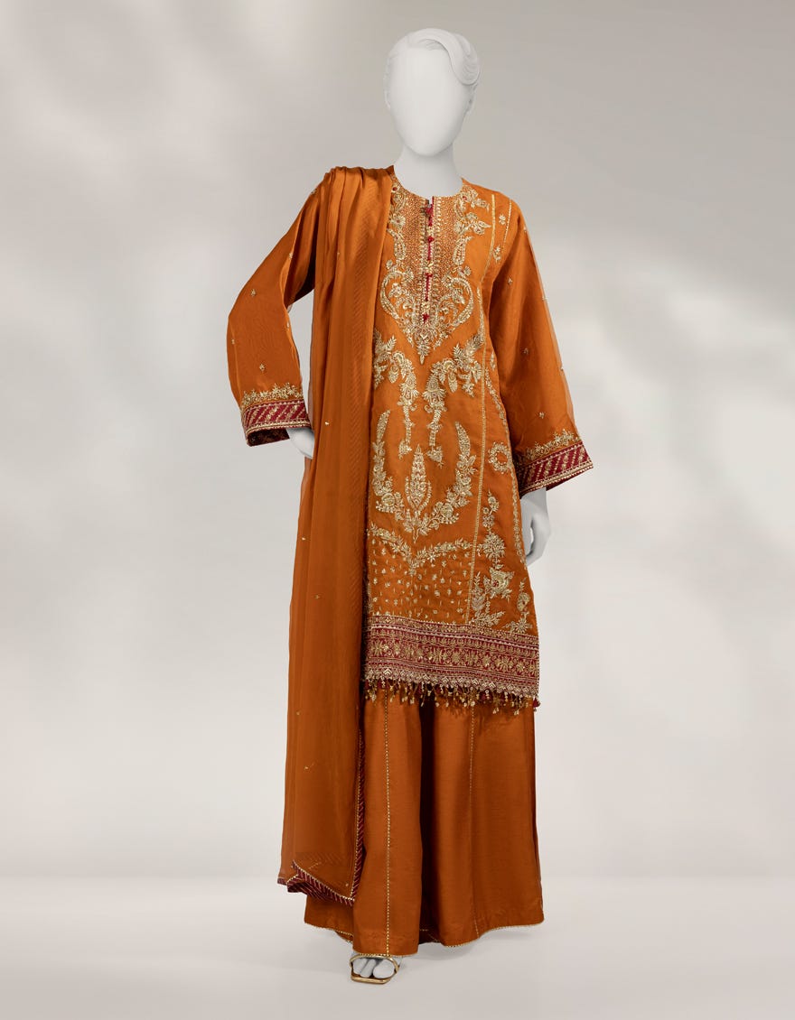 ORANGE ORGANZA EMBROIDERED UNSTITCHED 3PC