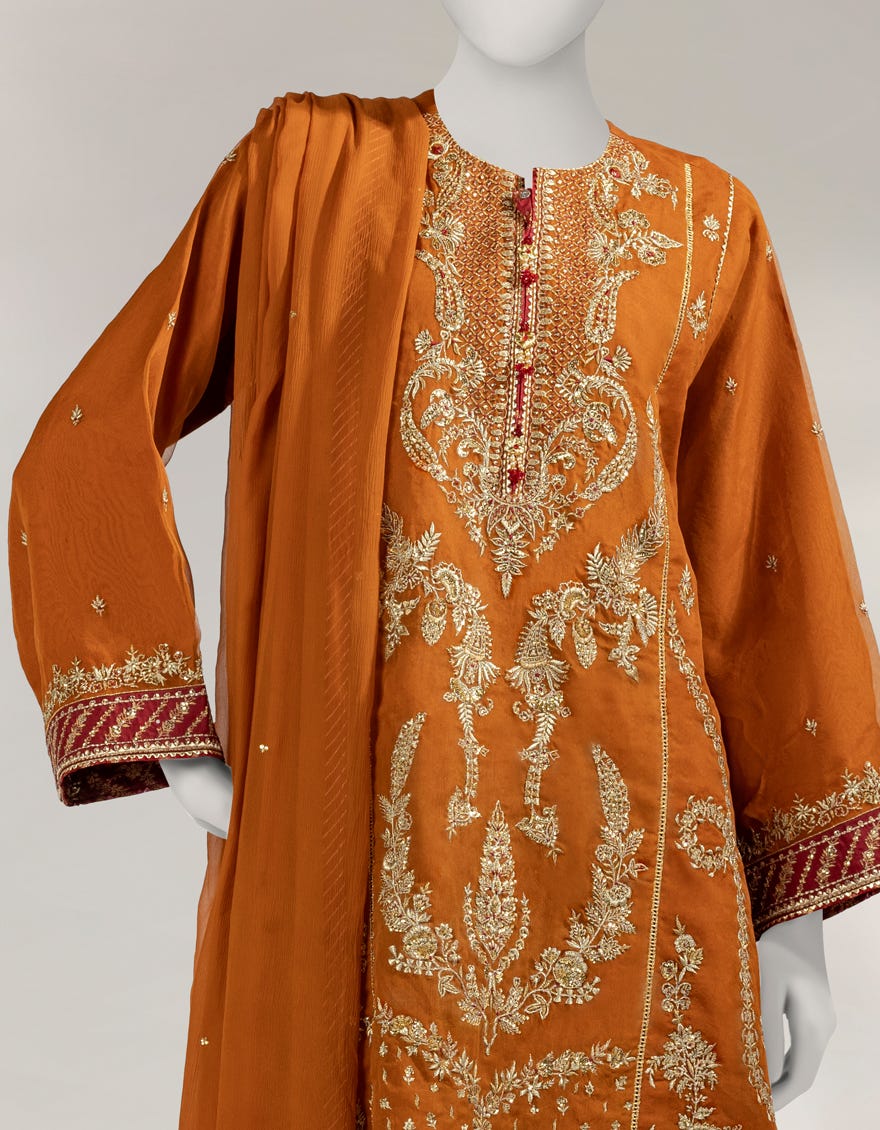 ORANGE ORGANZA EMBROIDERED UNSTITCHED 3PC