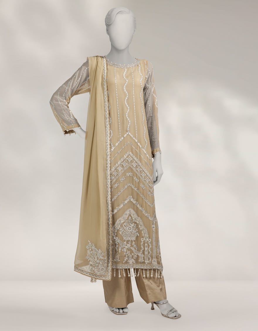 BEIGE CHIFFON EMBROIDERED UNSTITCHED 3PC