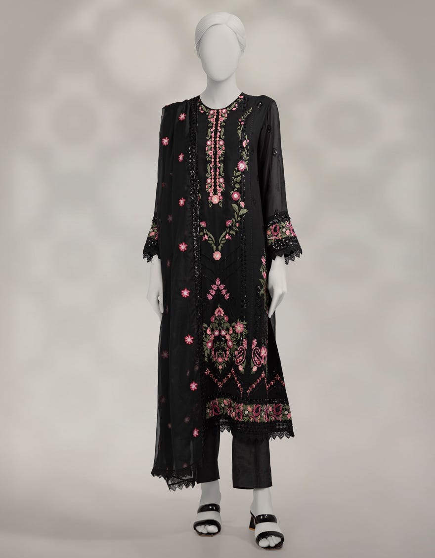BLACK CHIFFON EMBROIDERED UNSTITCHED 3PC
