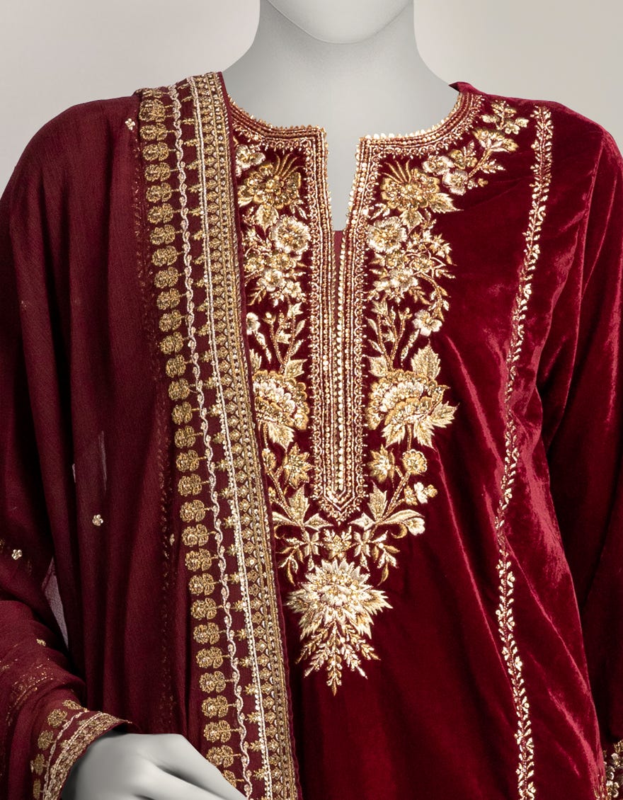 Maroon Variant MAROON VELVET EMBROIDERED UNSTITCHED 3PC – J.