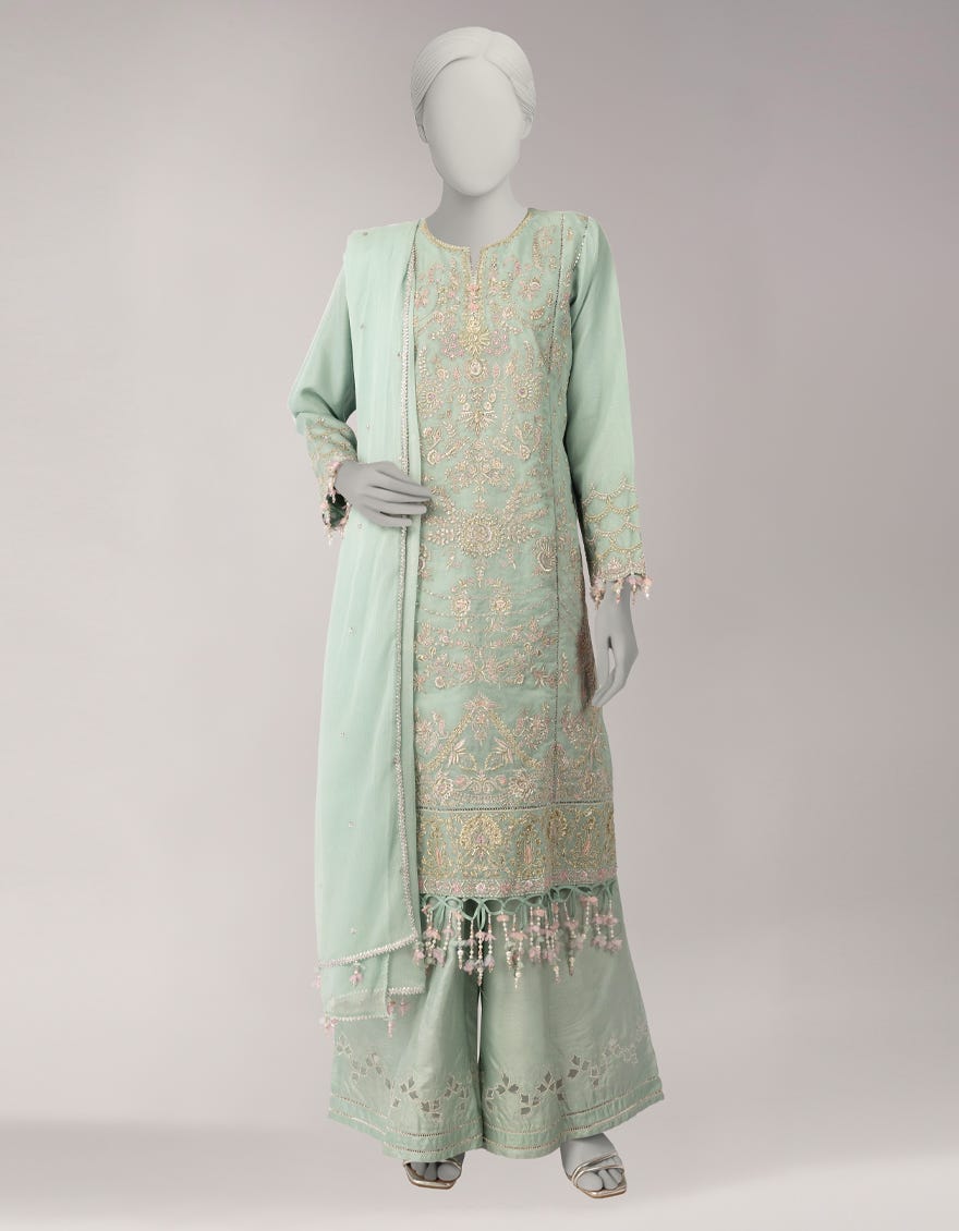 GREEN ORGANZA EMBROIDERED UNSTITCHED 3PC