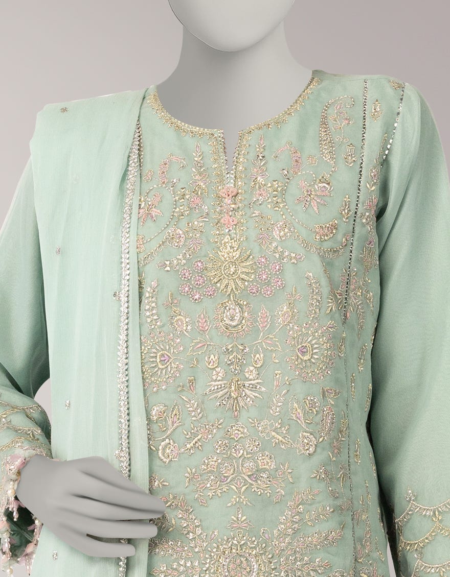 GREEN ORGANZA EMBROIDERED UNSTITCHED 3PC