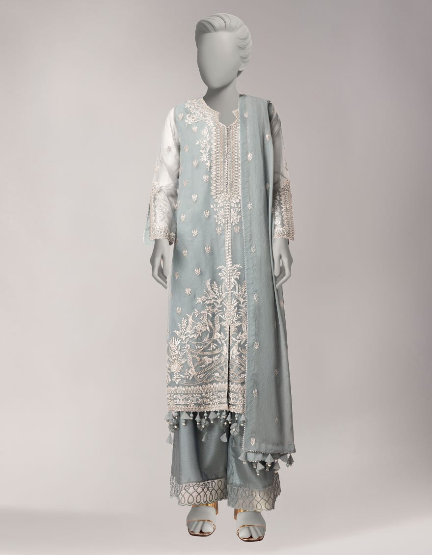 BLUE ORGANZA EMBROIDERED UNSTITCHED 3PC