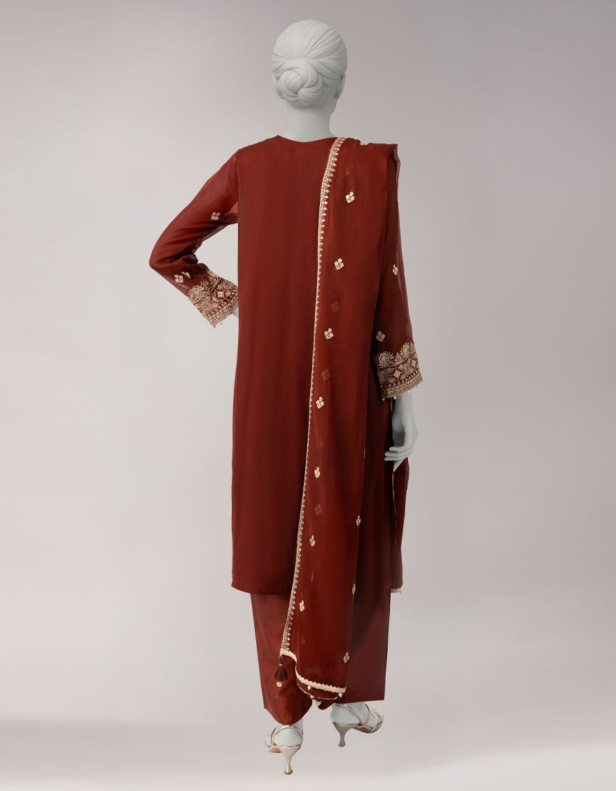 DEEP BROWN CHIFFON EMBROIDERED UNSTITCHED 3PC