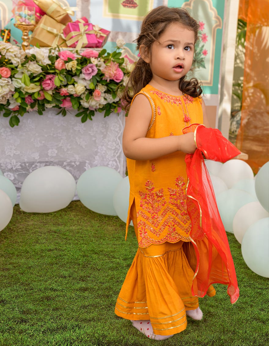 Yellow Raw Silk Infant Girl Stitched | Jik-S-Jgin-23-048