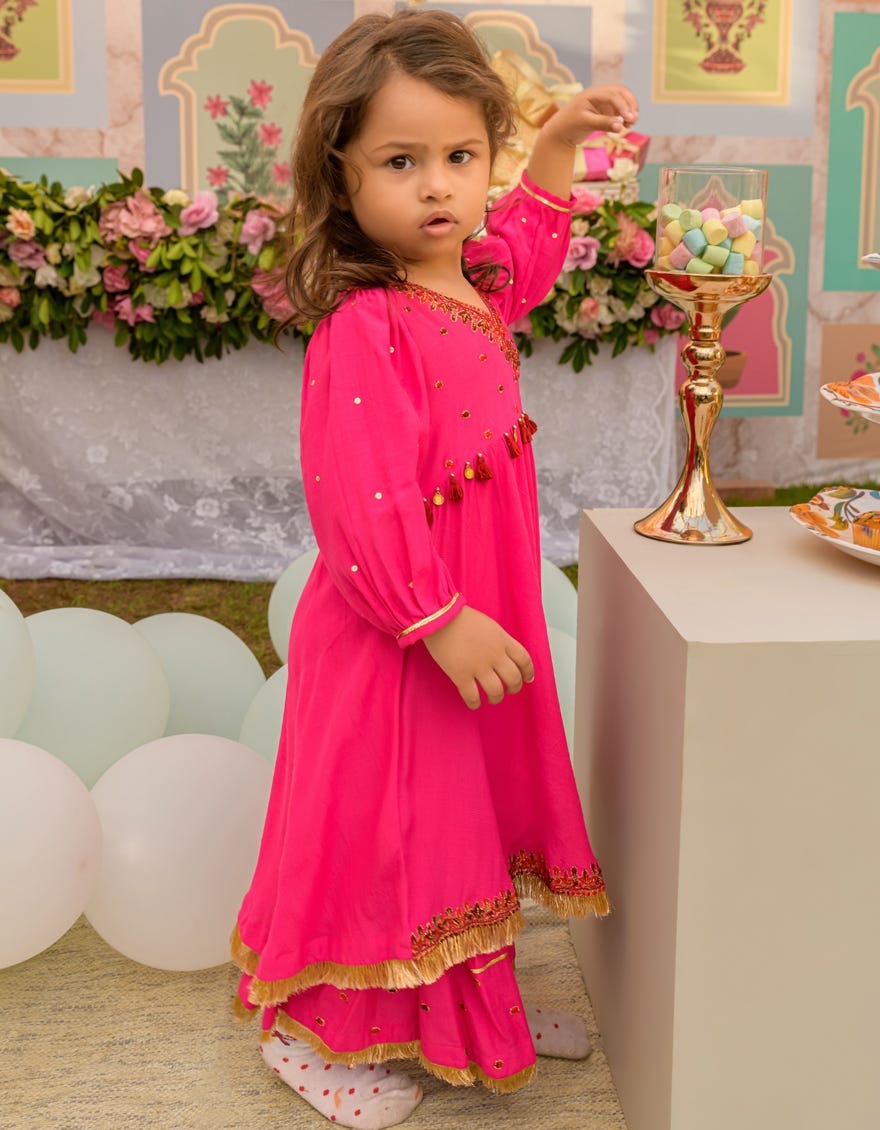 Pink Raw Silk Infant Girl 3 Piece | Jik-S-Jgin-23-050