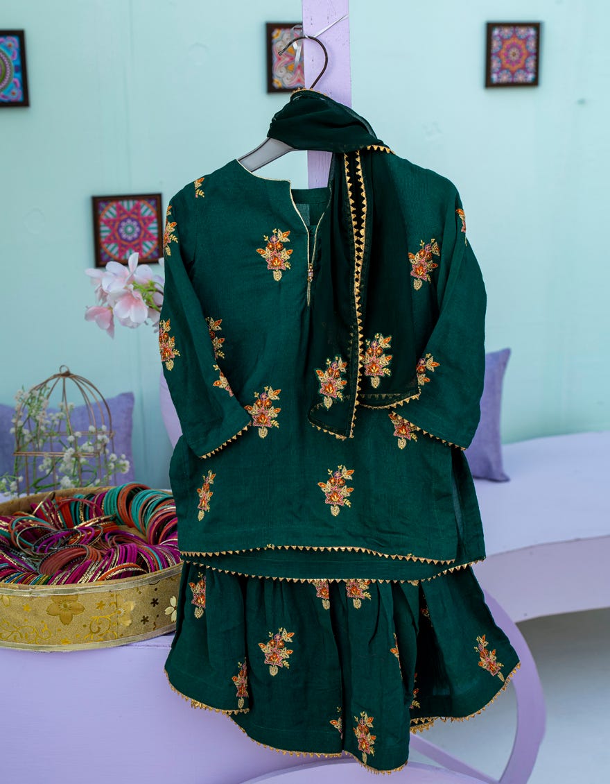 Green Raw Silk Infant Girl 3 Piece | Jik-S-Jgin-23-059