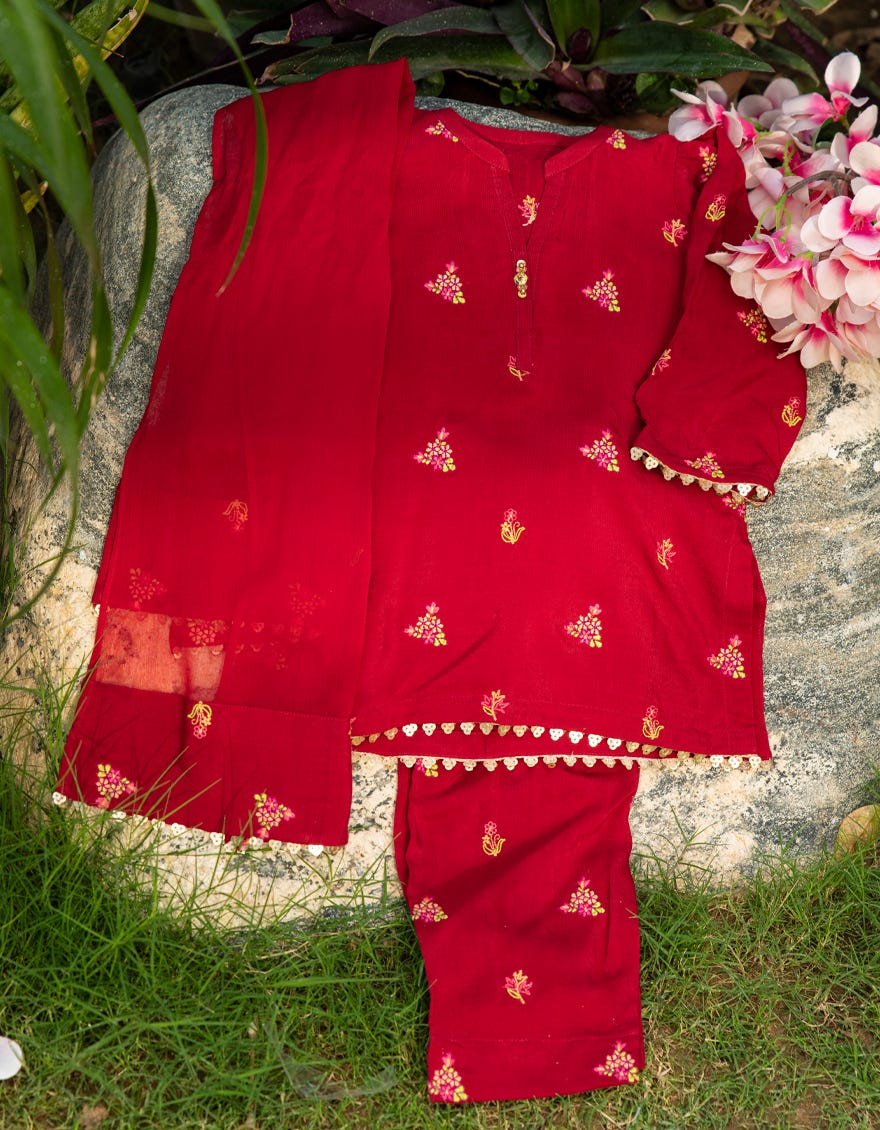Red Raw Silk Infant Girl 3 Piece | Jik-S-Jgin-23-060