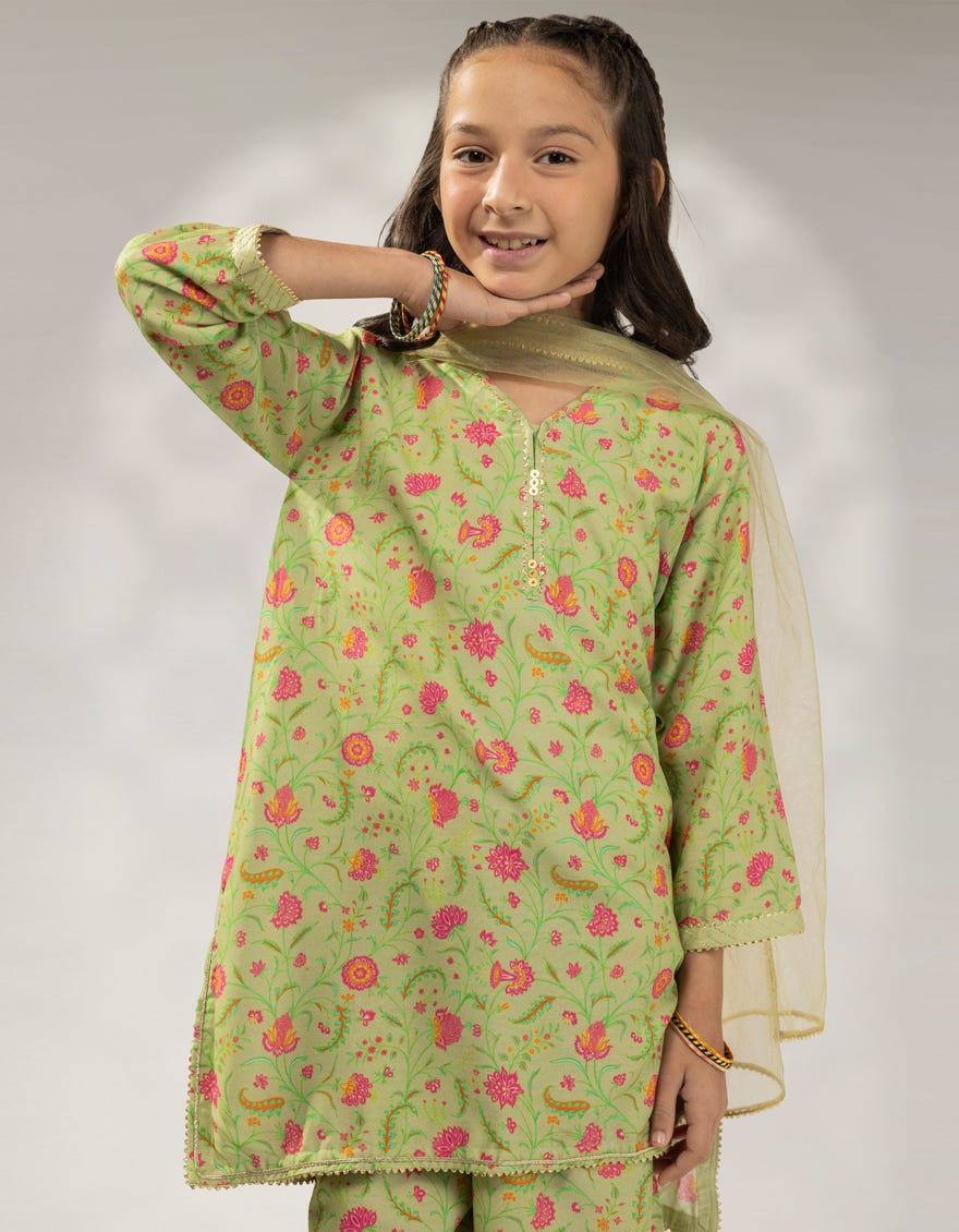 GREEN LINEN DIGITAL PRINTED 3PC STITCHED