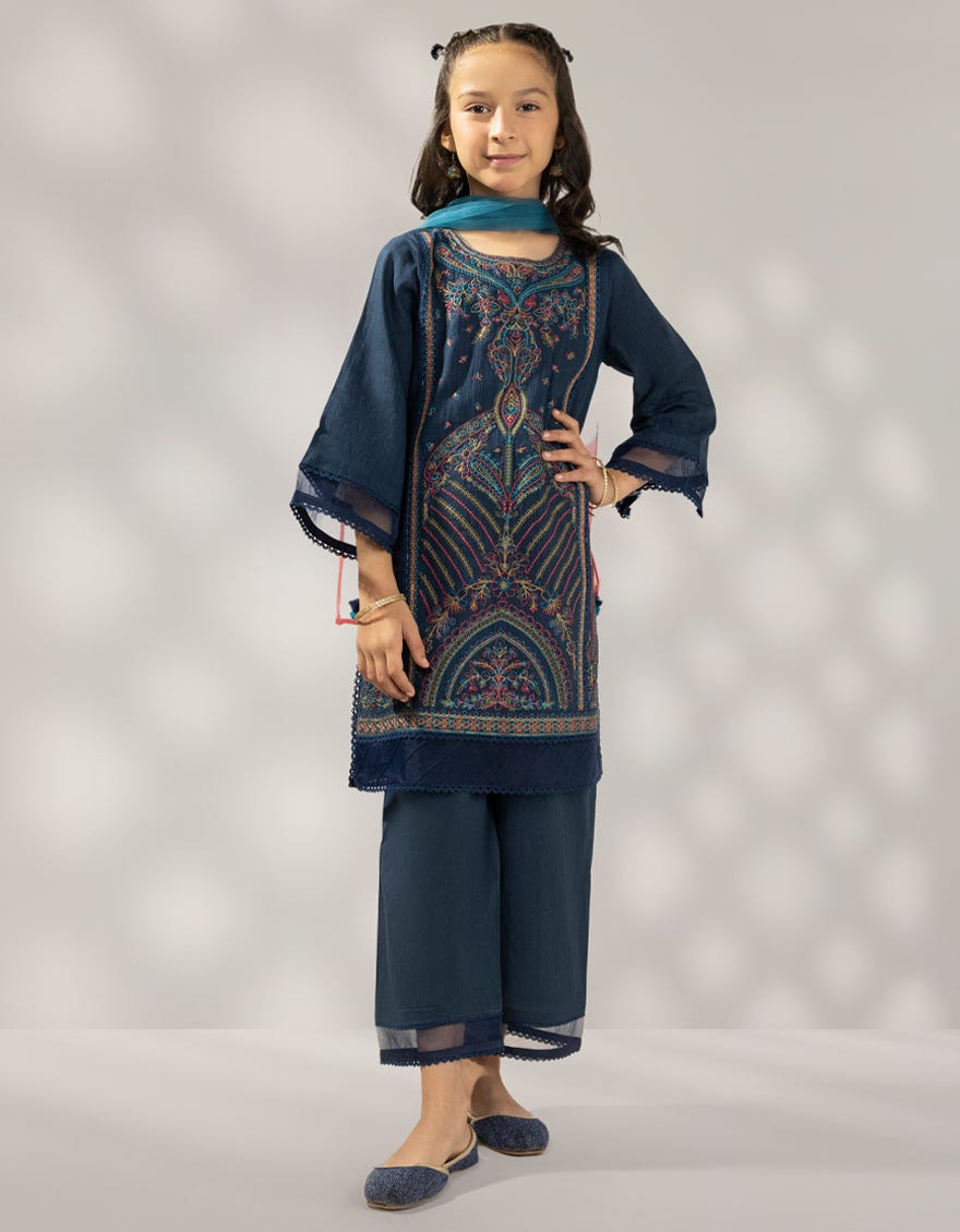 BLUE KHADDAR SLUB EMBROIDERED 3PC STITCHED