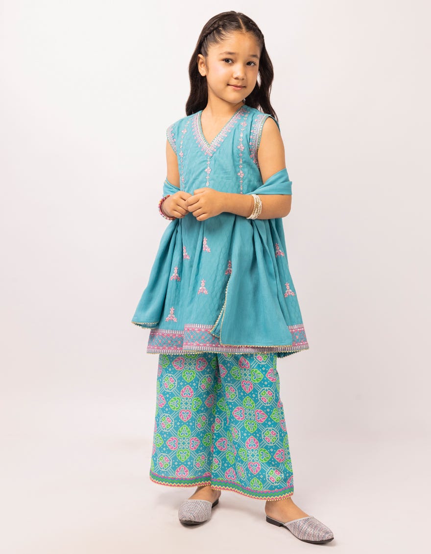 BLUE DOBBY EMBROIDERED STITCHED 3PC