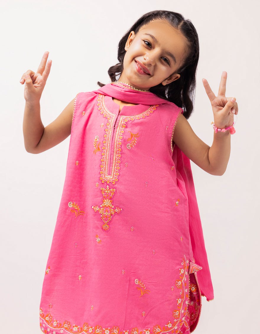 PINK DOBBY EMBROIDERED STITCHED 3PC