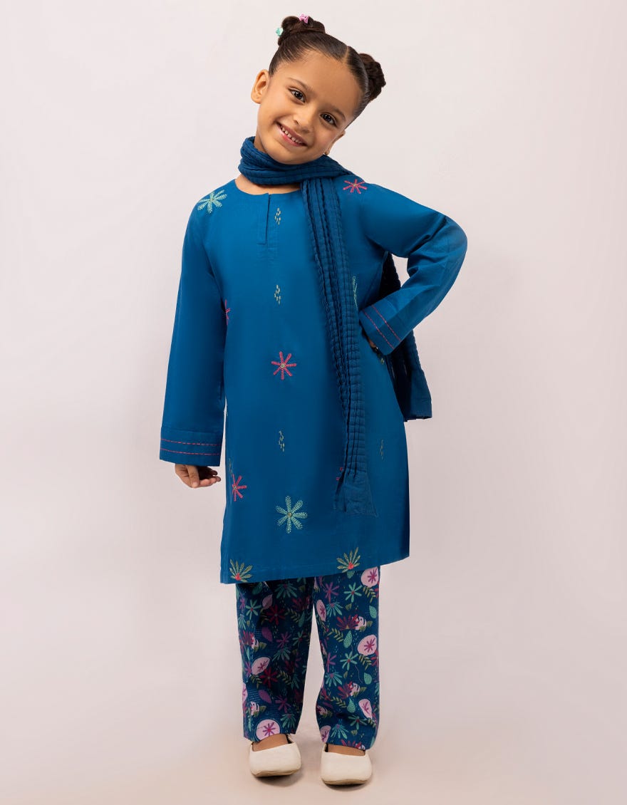 BLUE LAWN EMBROIDERED STITCHED 3PC