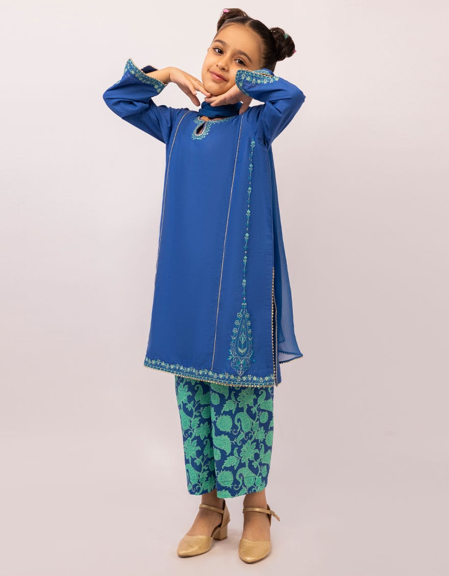 BLUE LAWN EMBROIDERED STITCHED 3PC