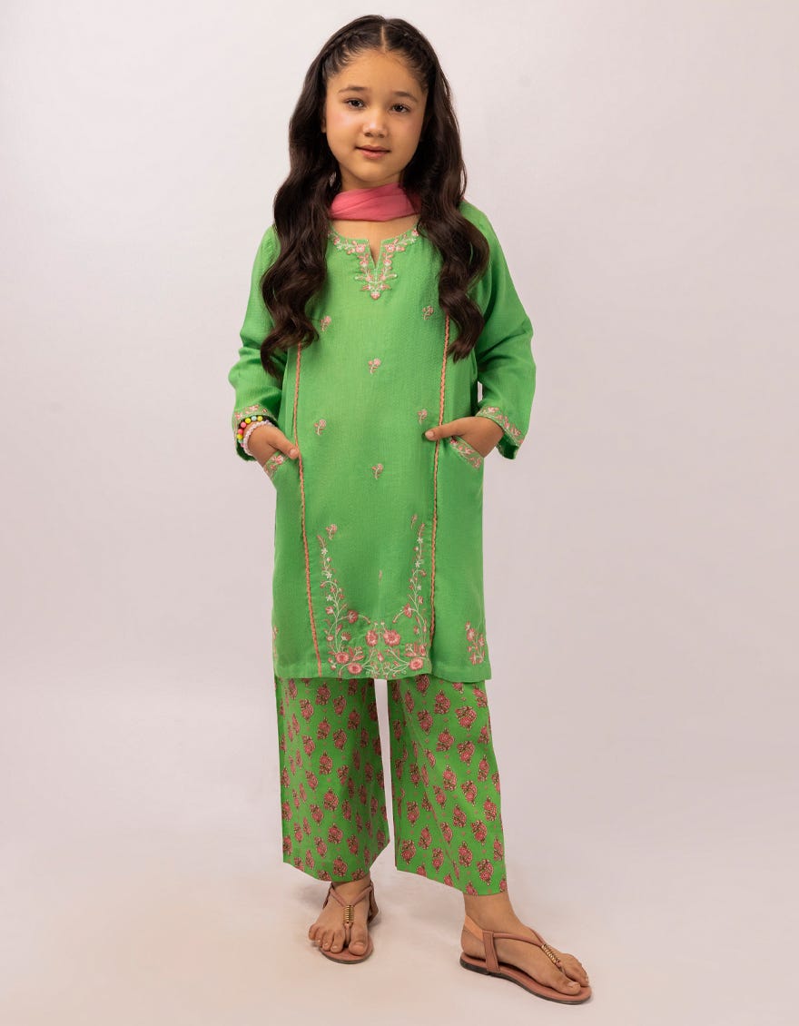 GREEN DOBBY EMBROIDERED 3PC STITCHED – J.