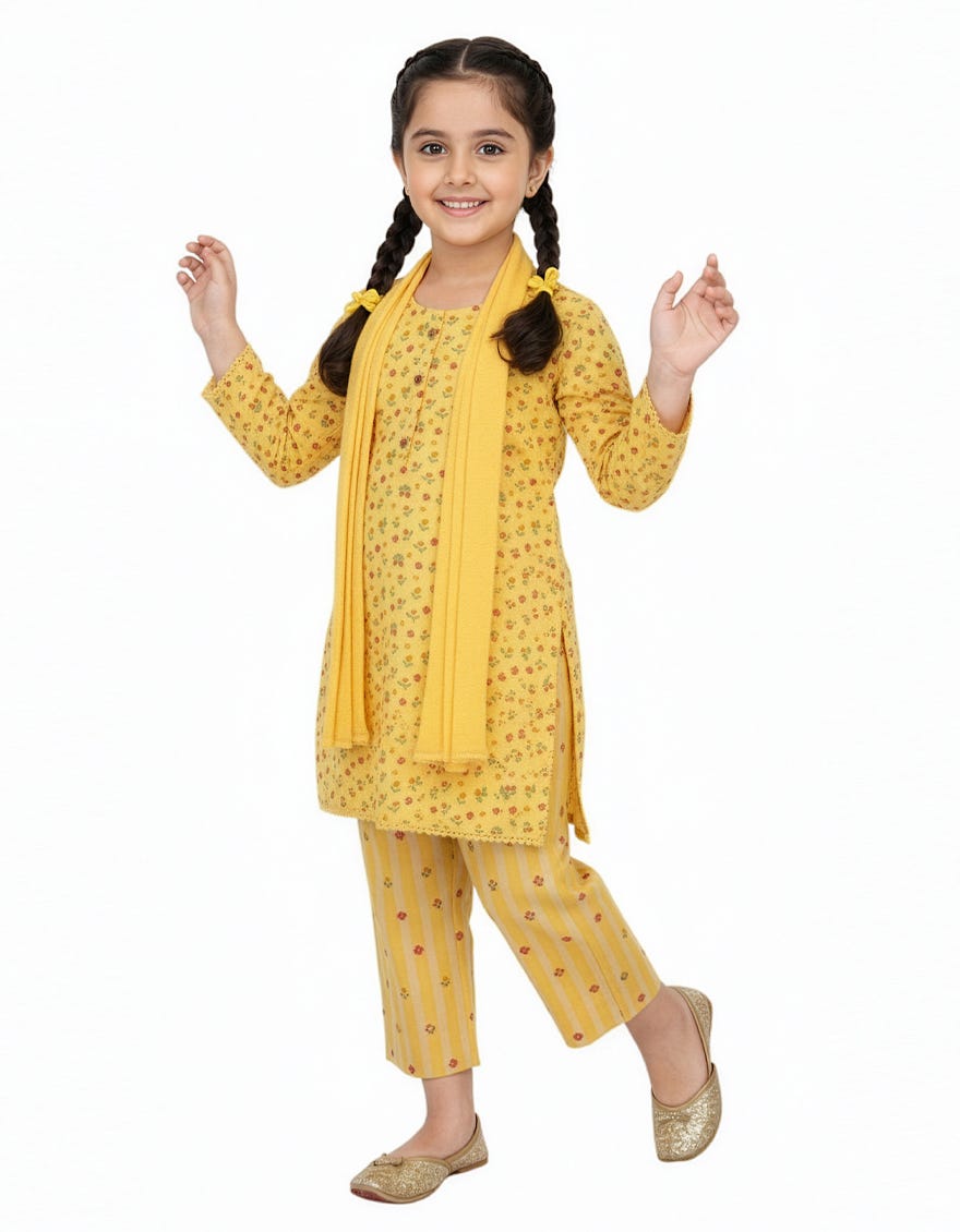 YELLOW LAWN PRINTED STITCHED 3PC