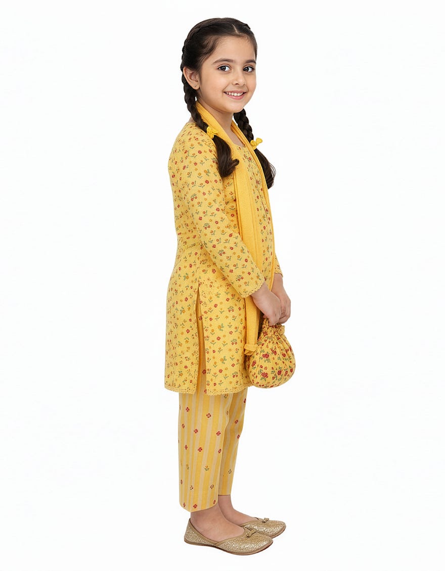 YELLOW LAWN PRINTED STITCHED 3PC