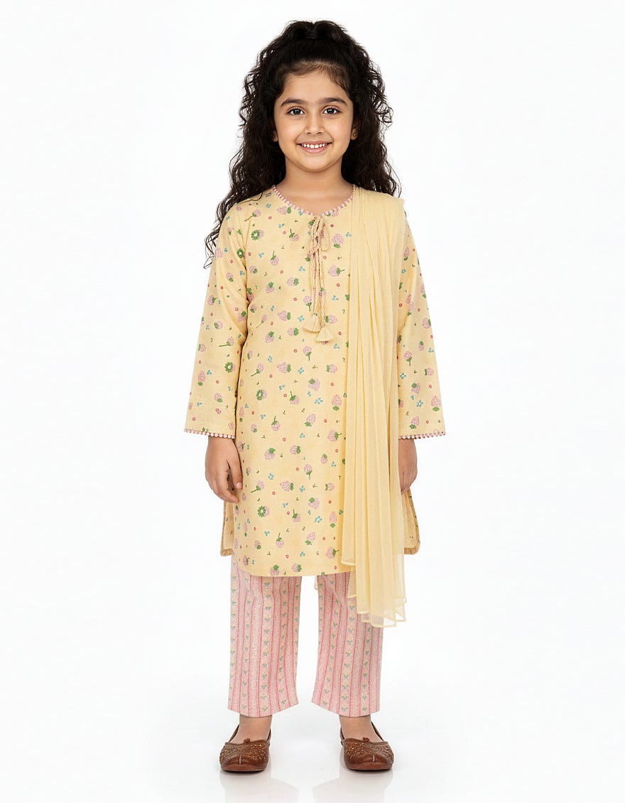 BEIGE LAWN PRINTED STITCHED 3PC