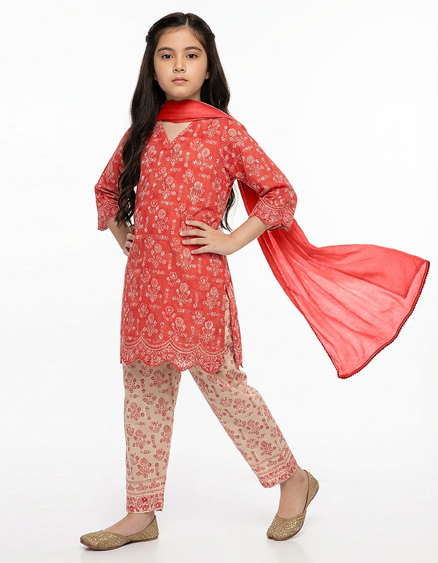 RED LAWN PRINTED 3PC STITCHED