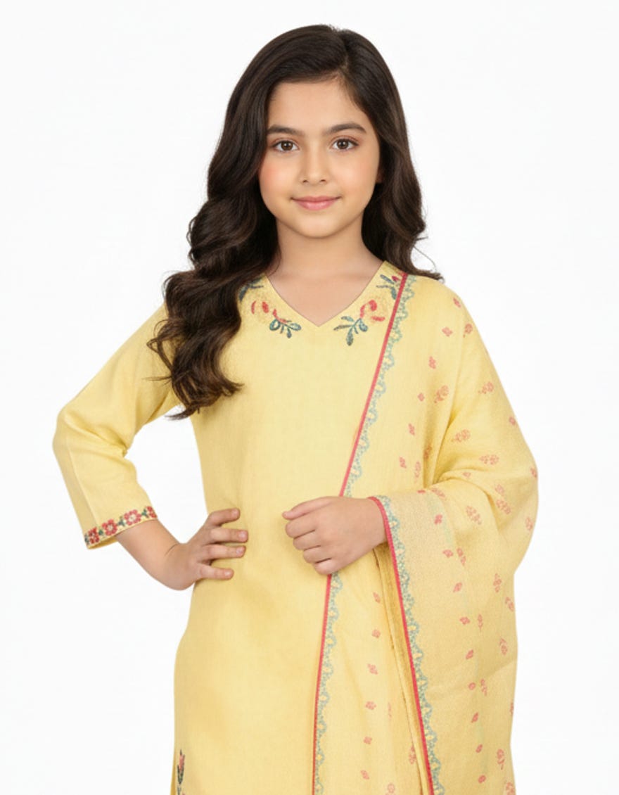 YELLOW DOBBY EMBROIDERED STITCHED 3PC