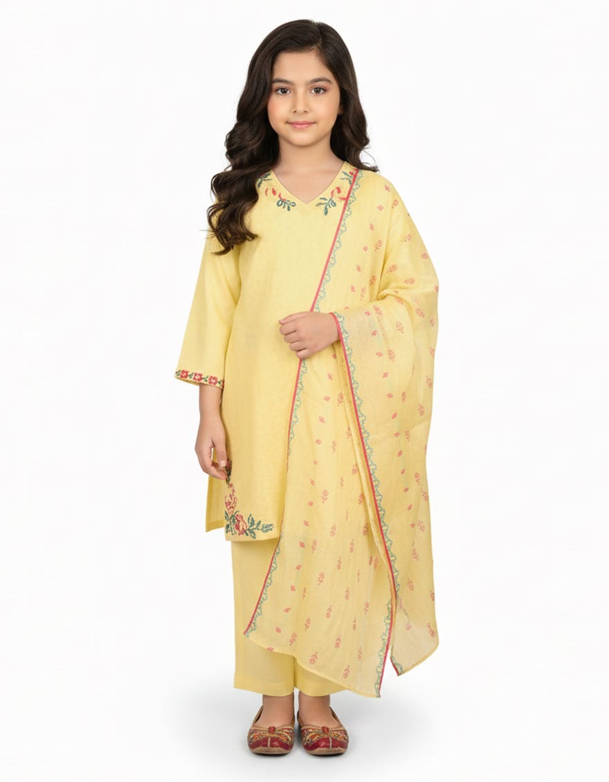 YELLOW DOBBY EMBROIDERED STITCHED 3PC