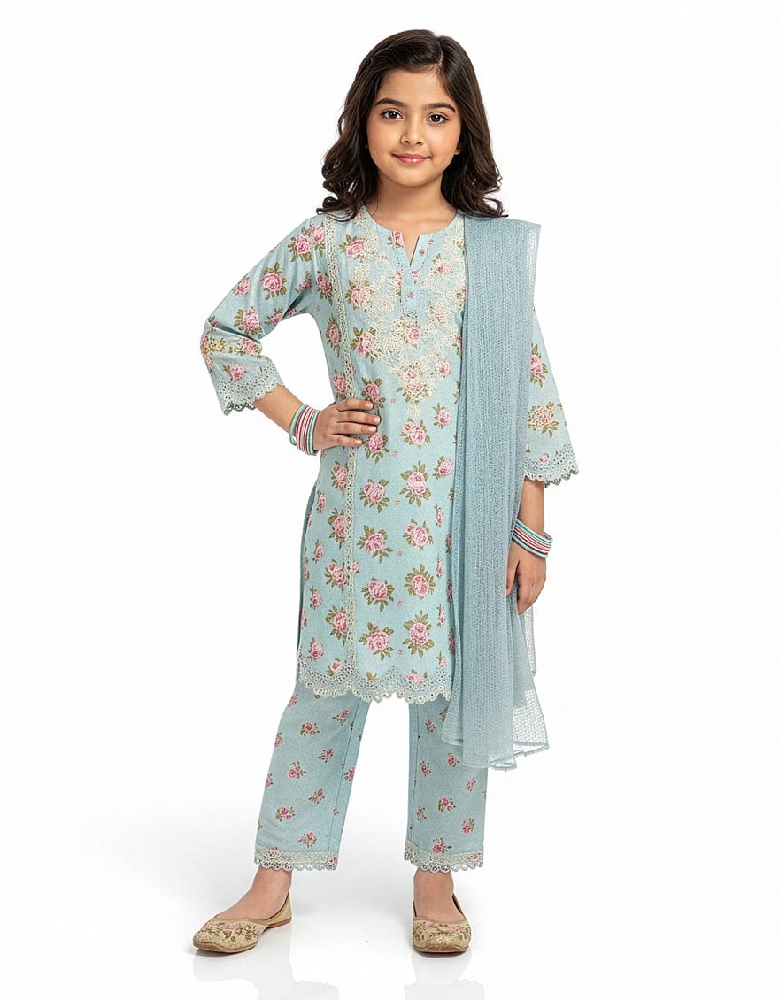 SKY BLUE LAWN SILK SCHIFFLI STITCHED 3PC