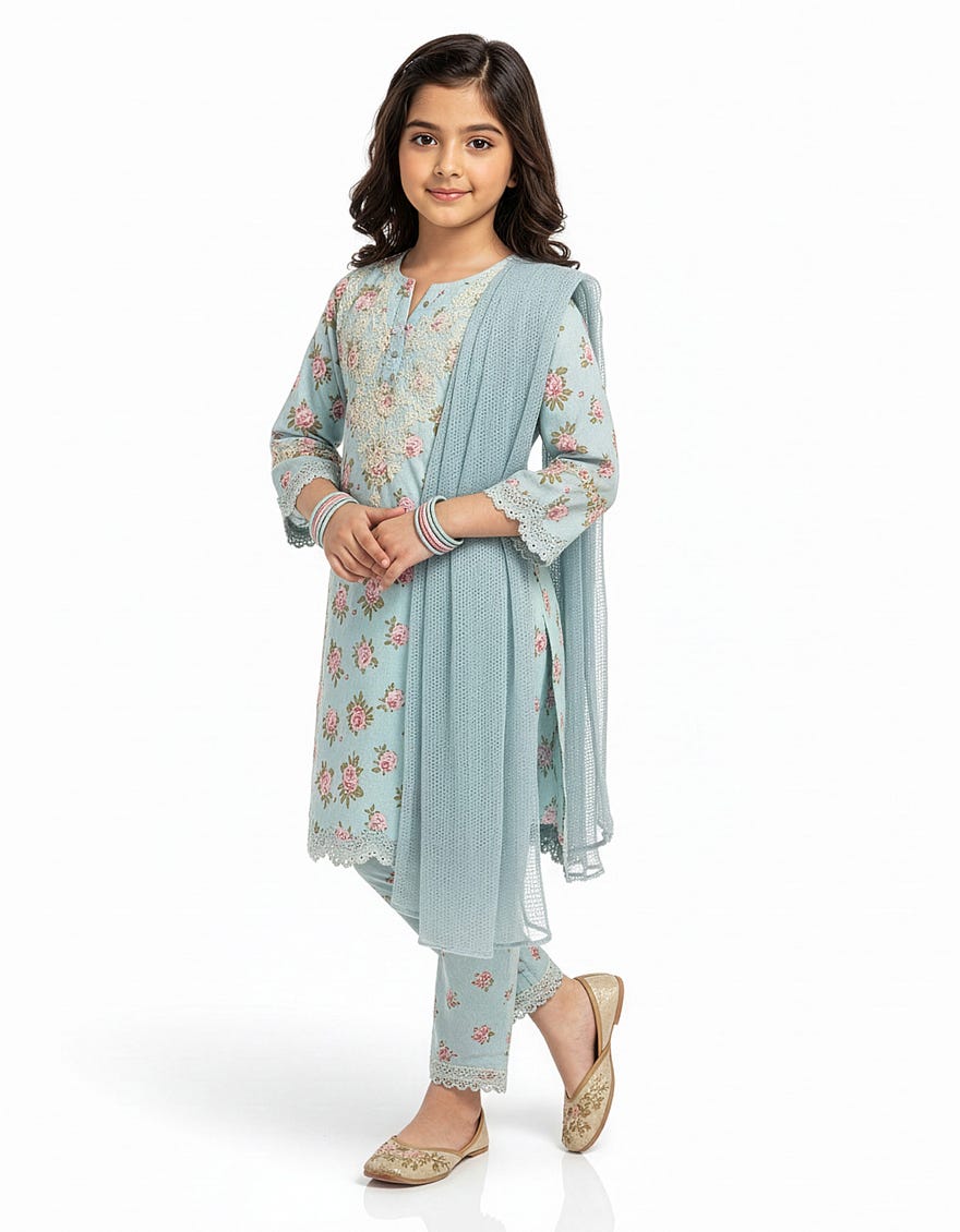 SKY BLUE LAWN SILK SCHIFFLI STITCHED 3PC