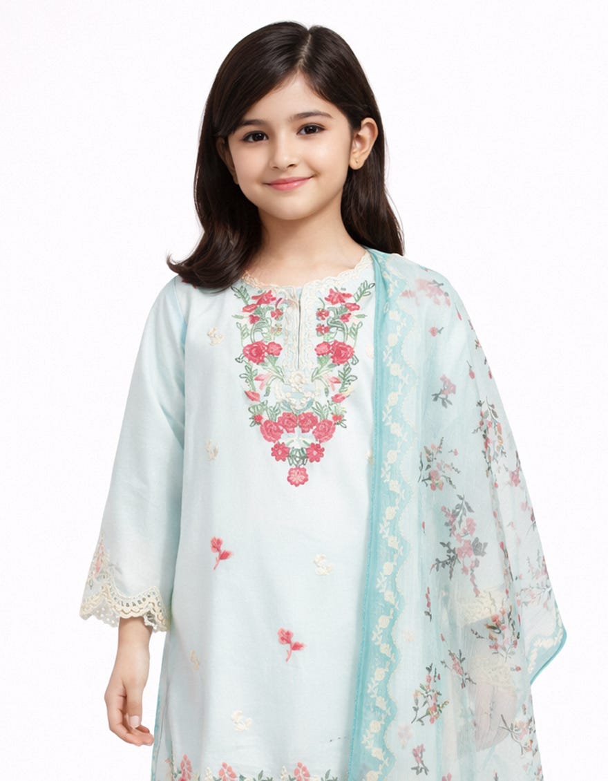 SKY BLUE LAWN SCHIFFLI STITCHED 3PC