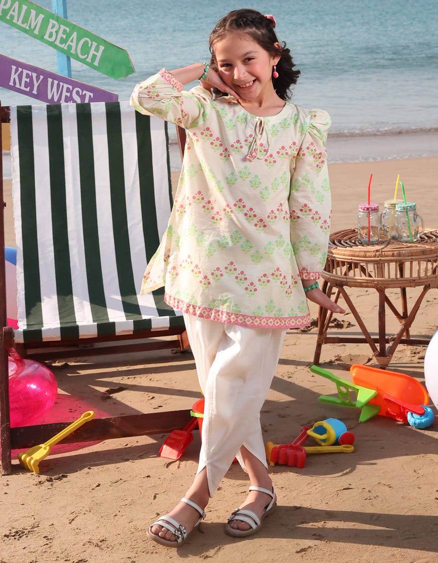 CREAM LAWN PRINTED KURTA