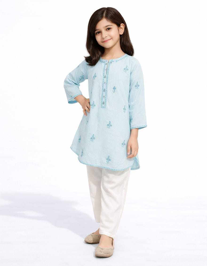 BLUE LAWN EMBROIDERED KURTA
