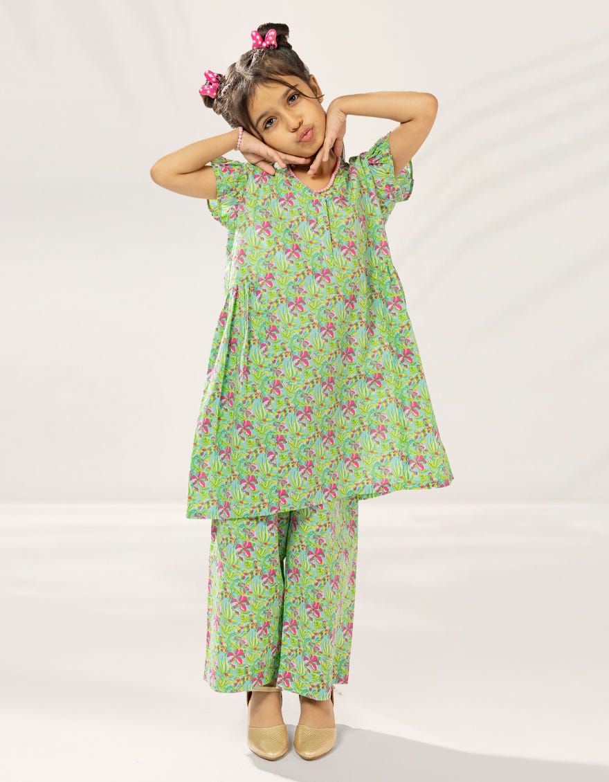 GREEN PRINTED LAWN 2PC STITCHED