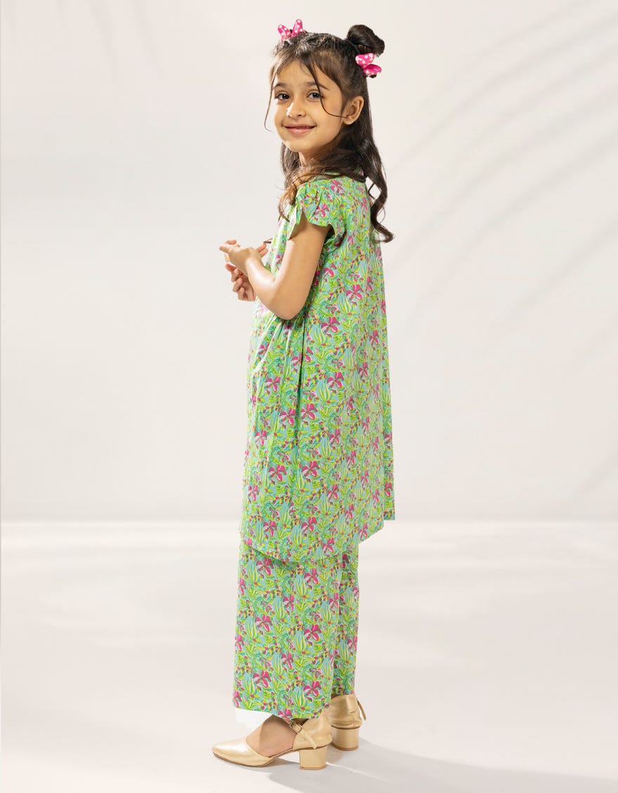 GREEN PRINTED LAWN 2PC STITCHED