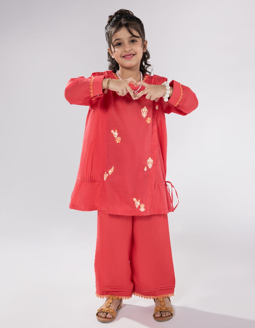 RED EMBROIDERED DOBBY 2PC STITCHED