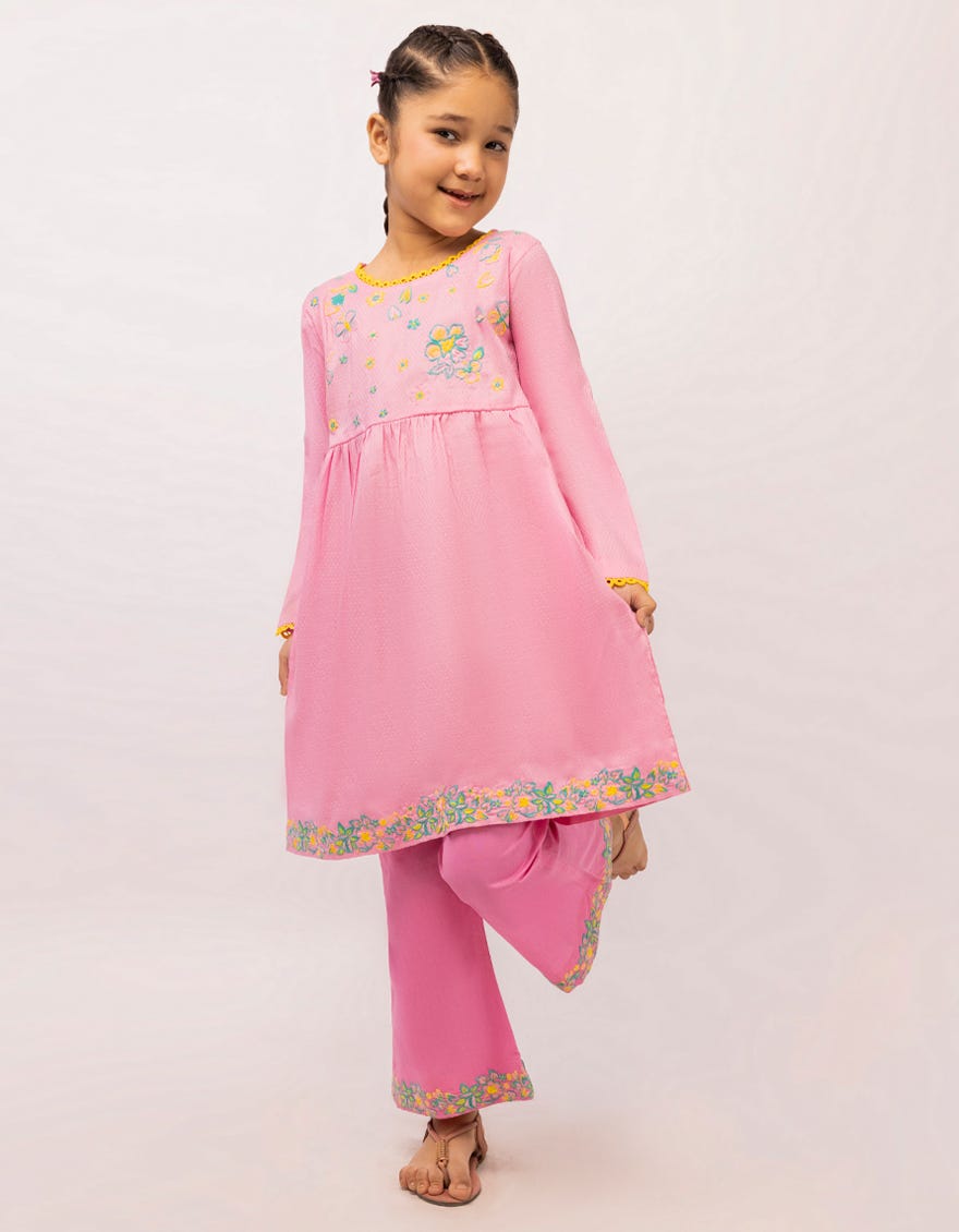 PINK DOBBY EMBROIDERED STITCHED 2PC