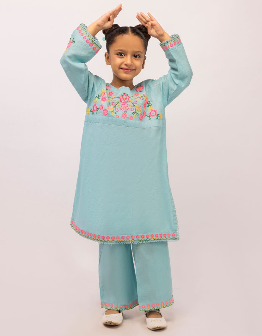 BLUE DOBBY EMBROIDERED STITCHED 2PC