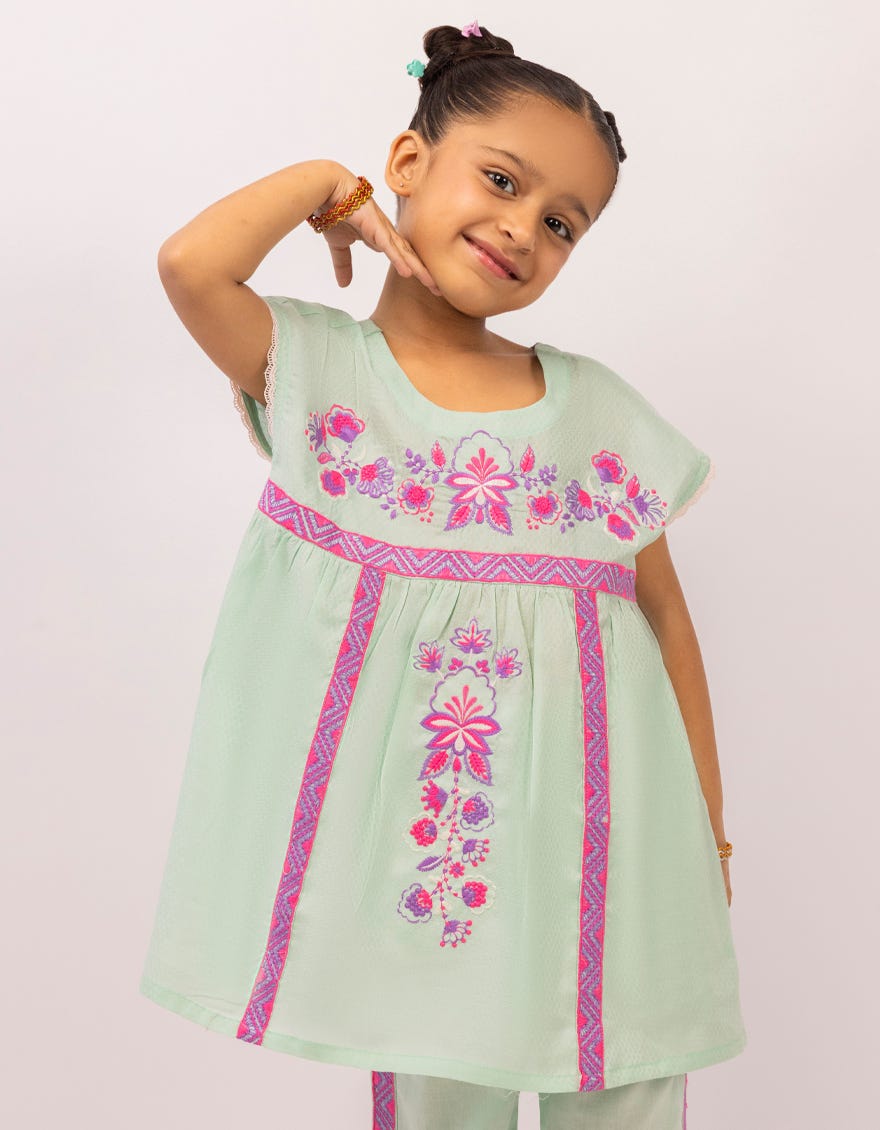 GREEN DOBBY EMBROIDERED STITCHED 2PC